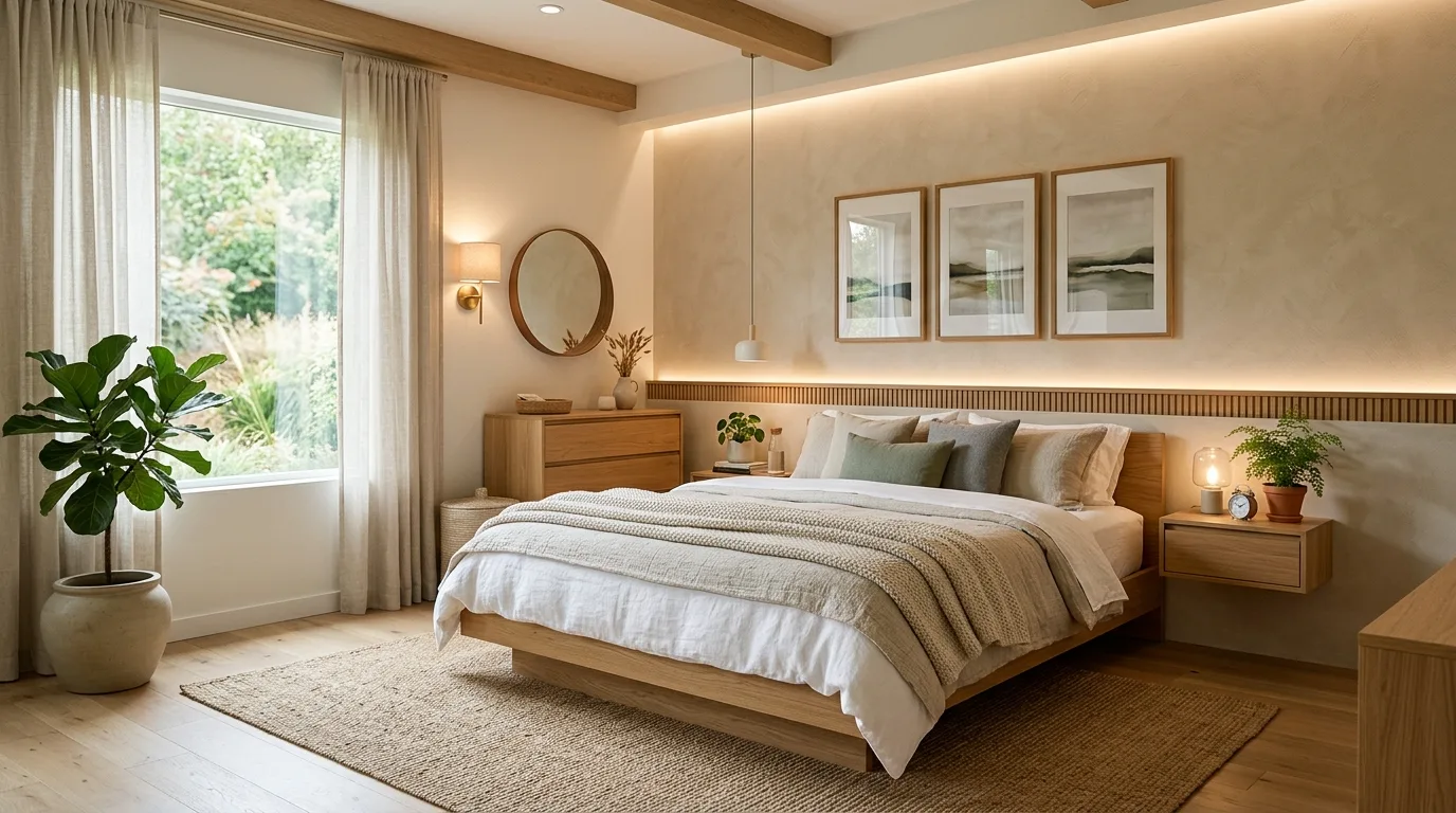 Use modern lines with organic materials inspiration for an earthy bedroom.